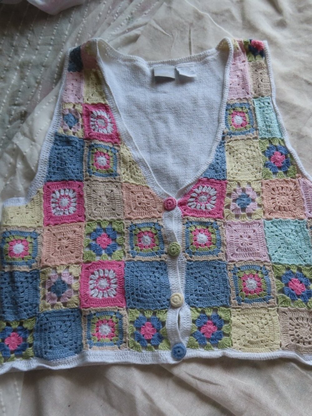 Vintage Blair Granny Square Vest Cotton Blend Cottagecore coastal